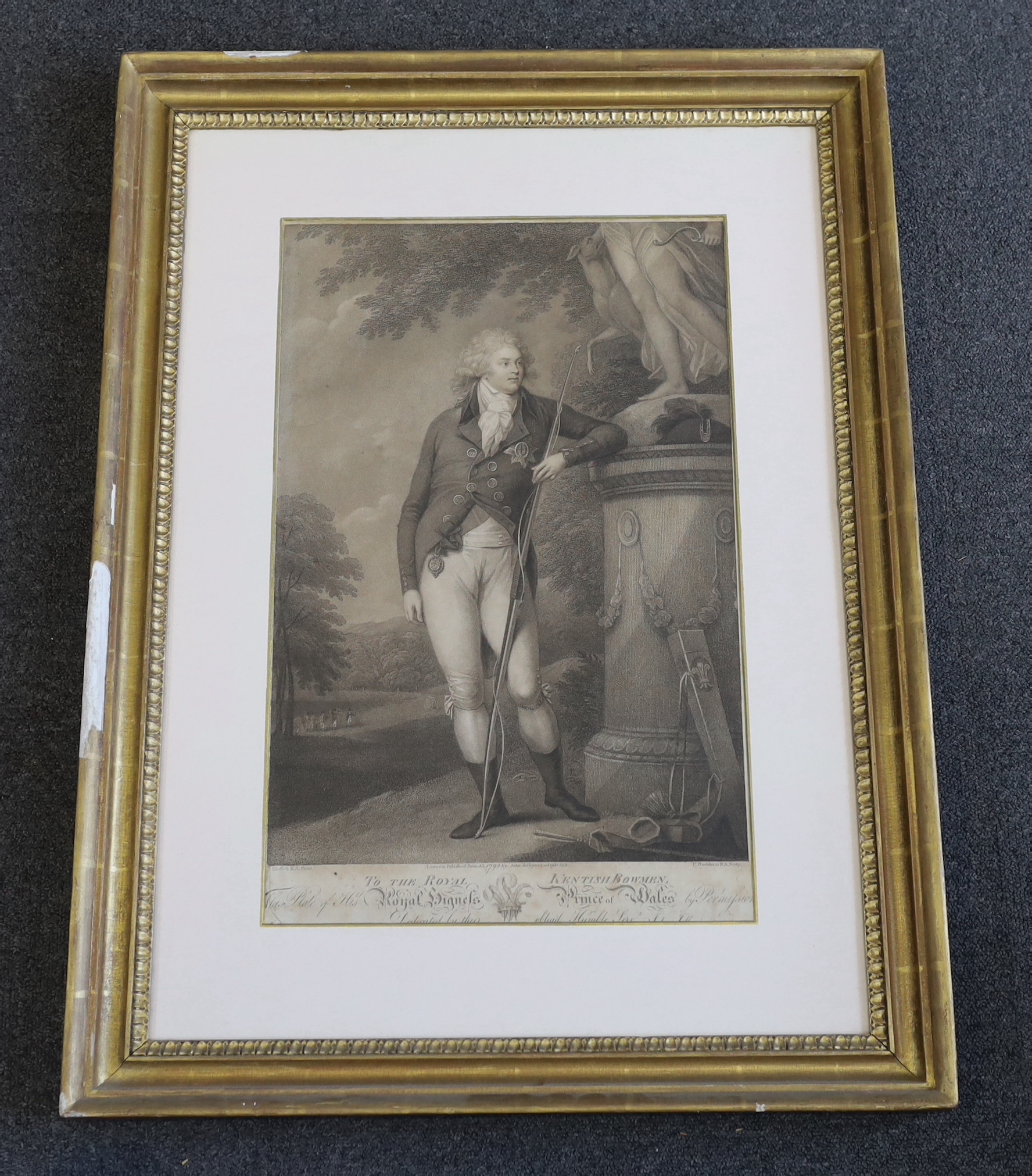 Francesco Bartolozzi after John Russell R.A., stipple engraving, The Royal Toxophilite, 'To the Royal Kentish Bowmen, This Plate of His Royal Highness the Prince of Wales..', later George IV, published by Jeffryes 1795,